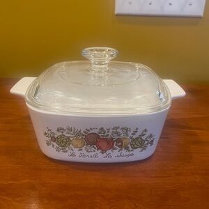 Vintage Corningware White Casserole Dish with Lid “Paisley and Sage”